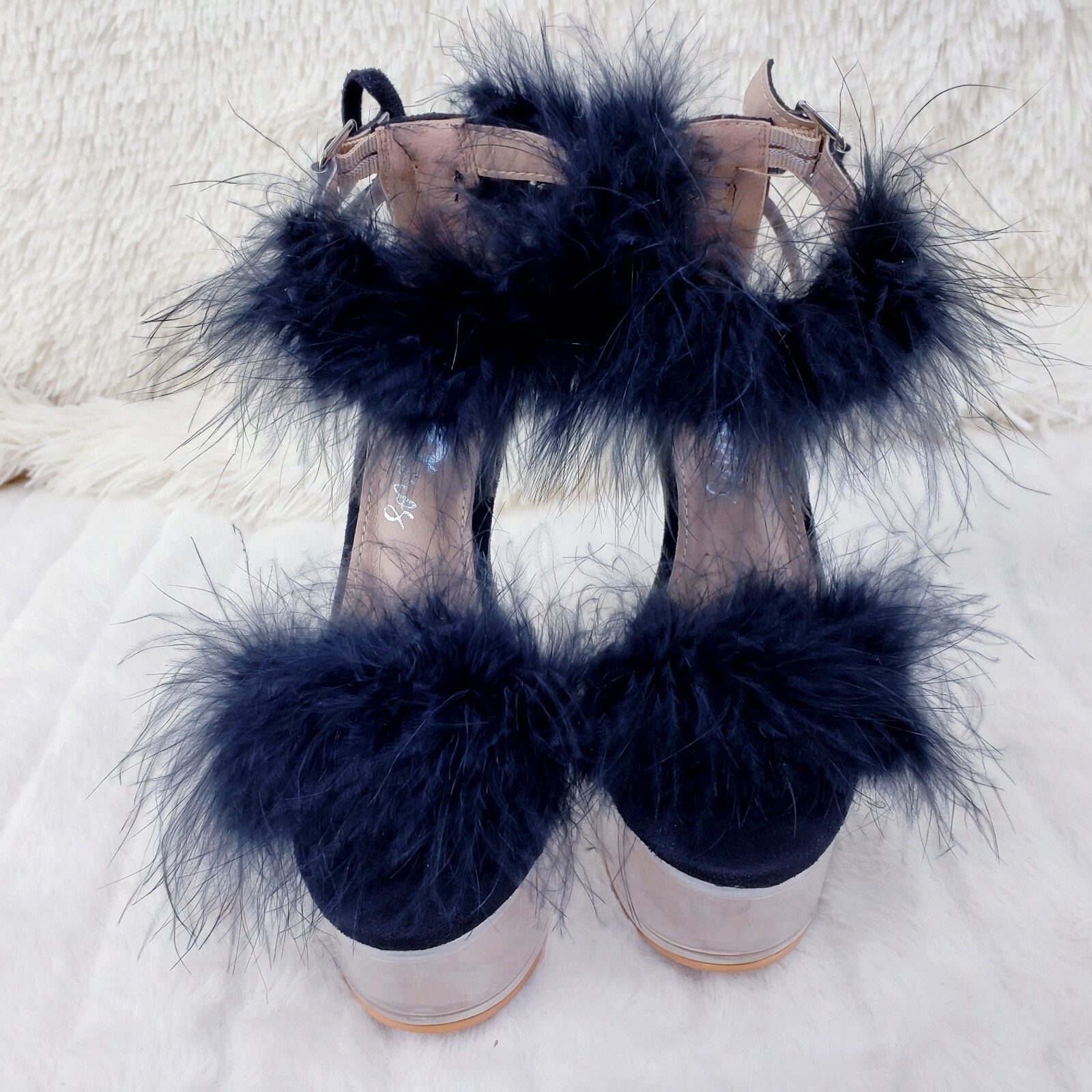 Other Black Marabou Feather Platform Shoes Sandals 6" High Heel Sa Size US 6 / IT 36 - 7 Thumbnail
