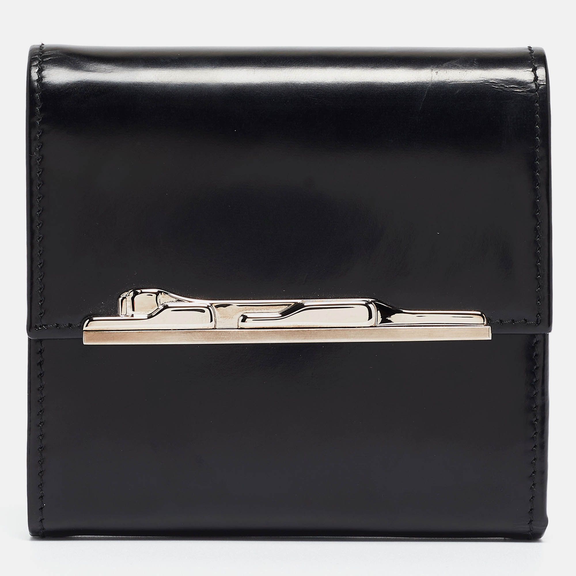image of Cartier Black Glossy Leather Panthere Art Deco Trifold Wallet, Women's