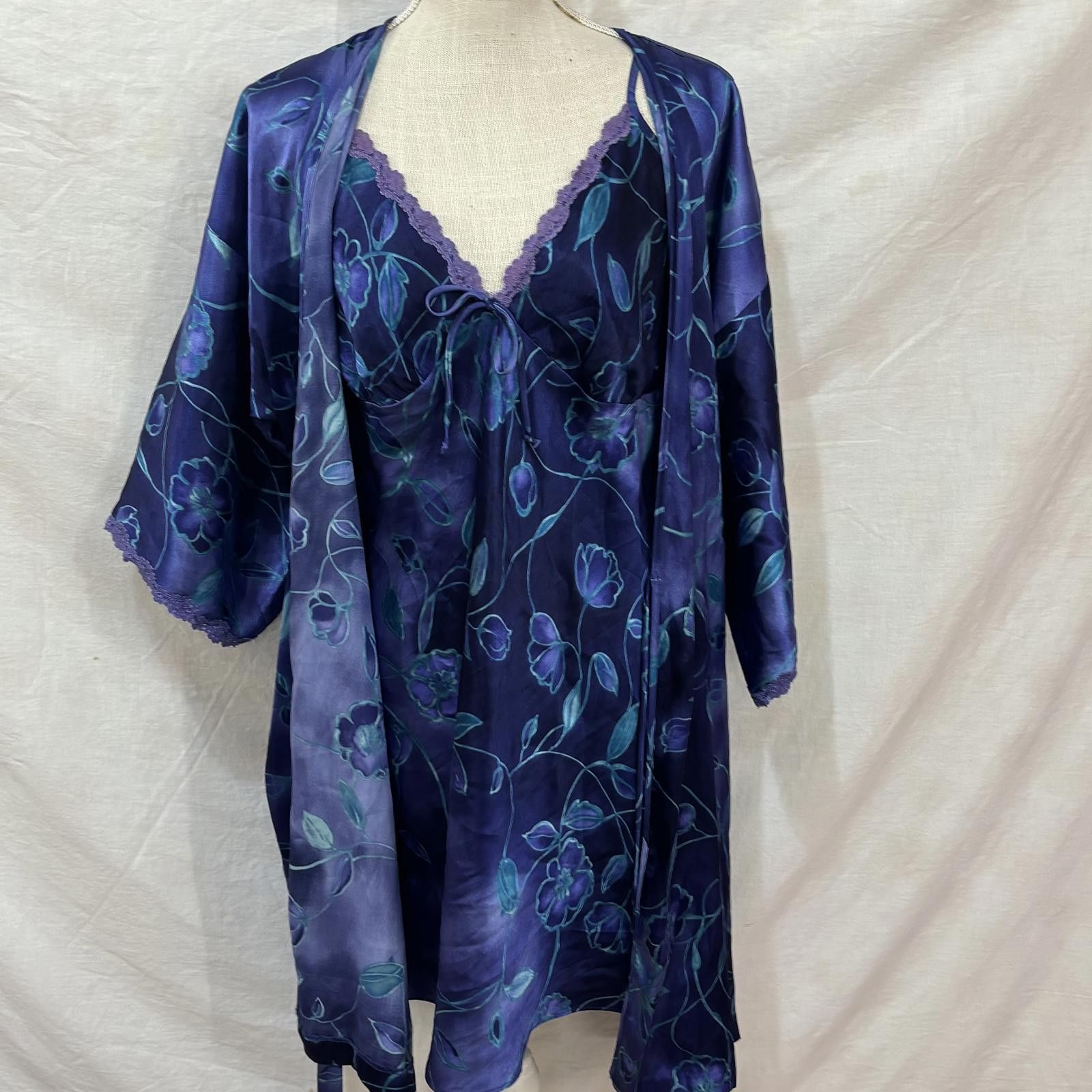 Other Vtg 90s satin floral blue & turquoise lingerie set sz large Size ONE SIZE - 1 Thumbnail