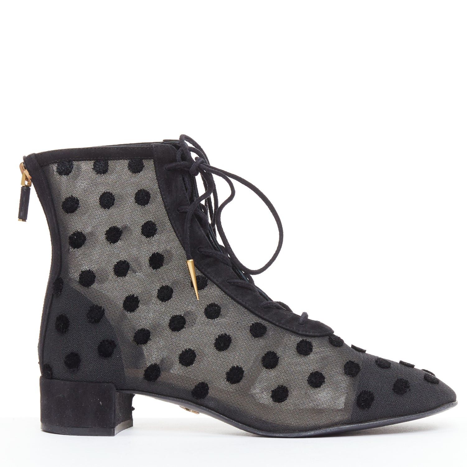 DIOR Naughtily-D black polka dot mesh gold tip ankle boots