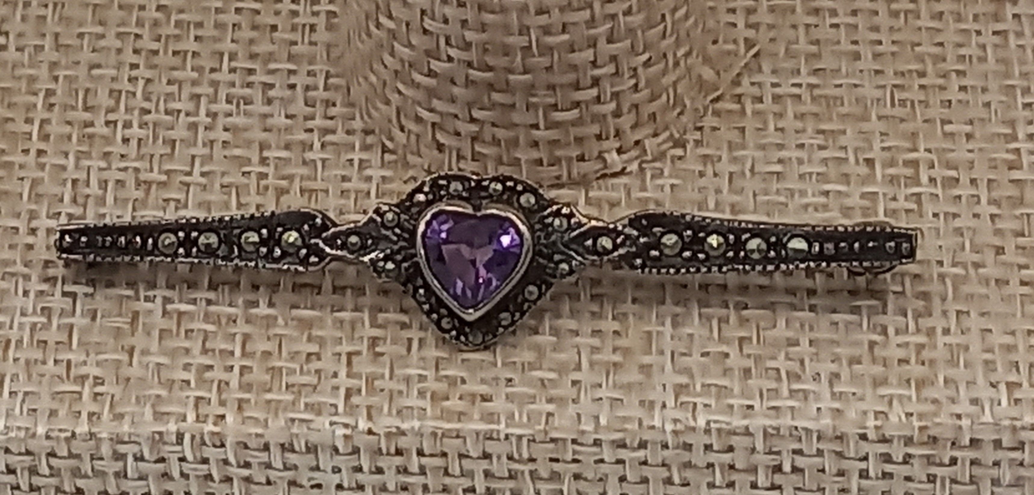 Sterling Silver Marcasite brooch with Amethyst Heart Sterling Silver Size ONE SIZE - 2 Thumbnail