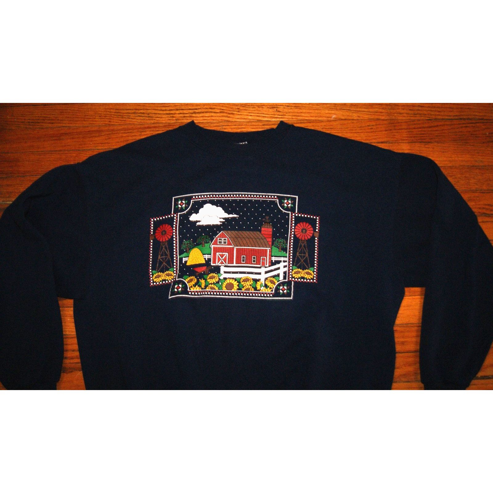 Vintage VTG Farm Red Barn Sunflowers Womens Blue XL Sweatshirt USA Size US XL / EU 56 / 4 - 1 Thumbnail