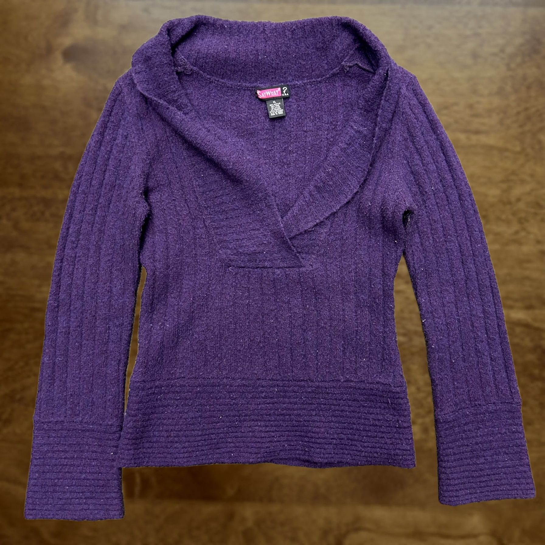 Vintage Say What Sweater Women XL Purple Shawl Collar Ribbed Knit Pullover Wool Blend V-Neck Long Sleeve Size XL / US 12-14 / IT 48-50 - 1 Thumbnail
