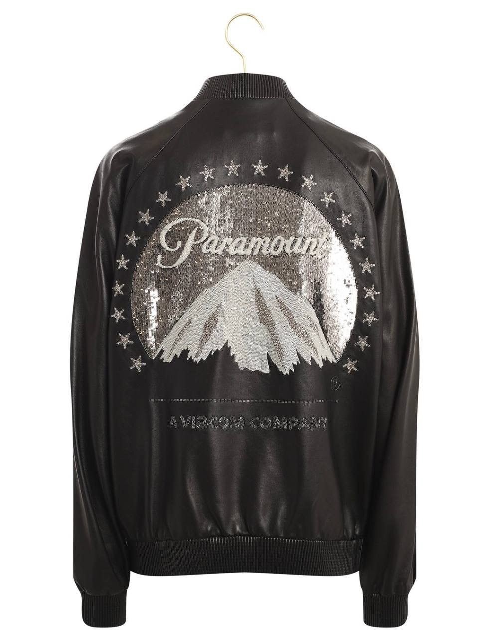 image of Gucci Leather Bomber Paramount Diamonds Detail Logo Jacket in Black, Men's (Size XS)