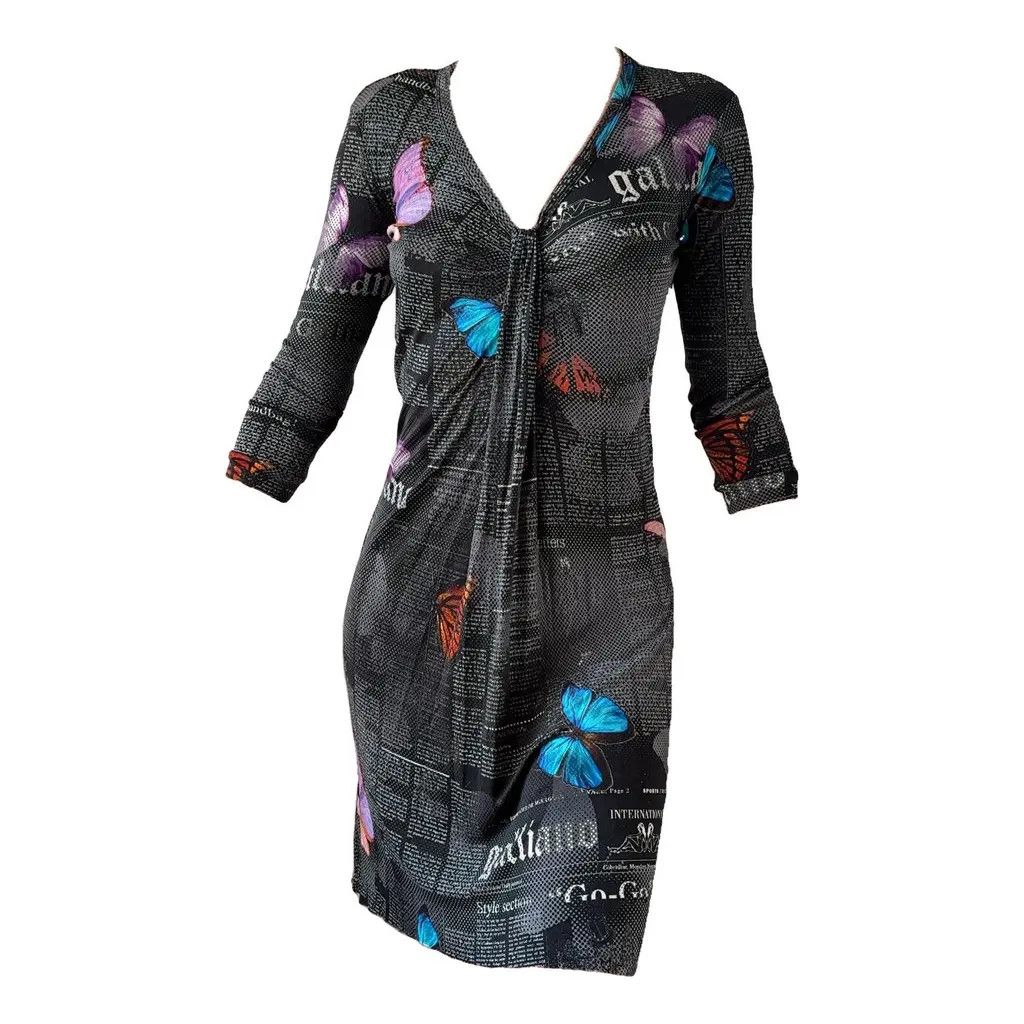 John Galliano John Galliano Butterfly Print Newspaper Mesh Dress Size FR36 Size XS / US 0-2 / IT 36-38 - 2 Thumbnail