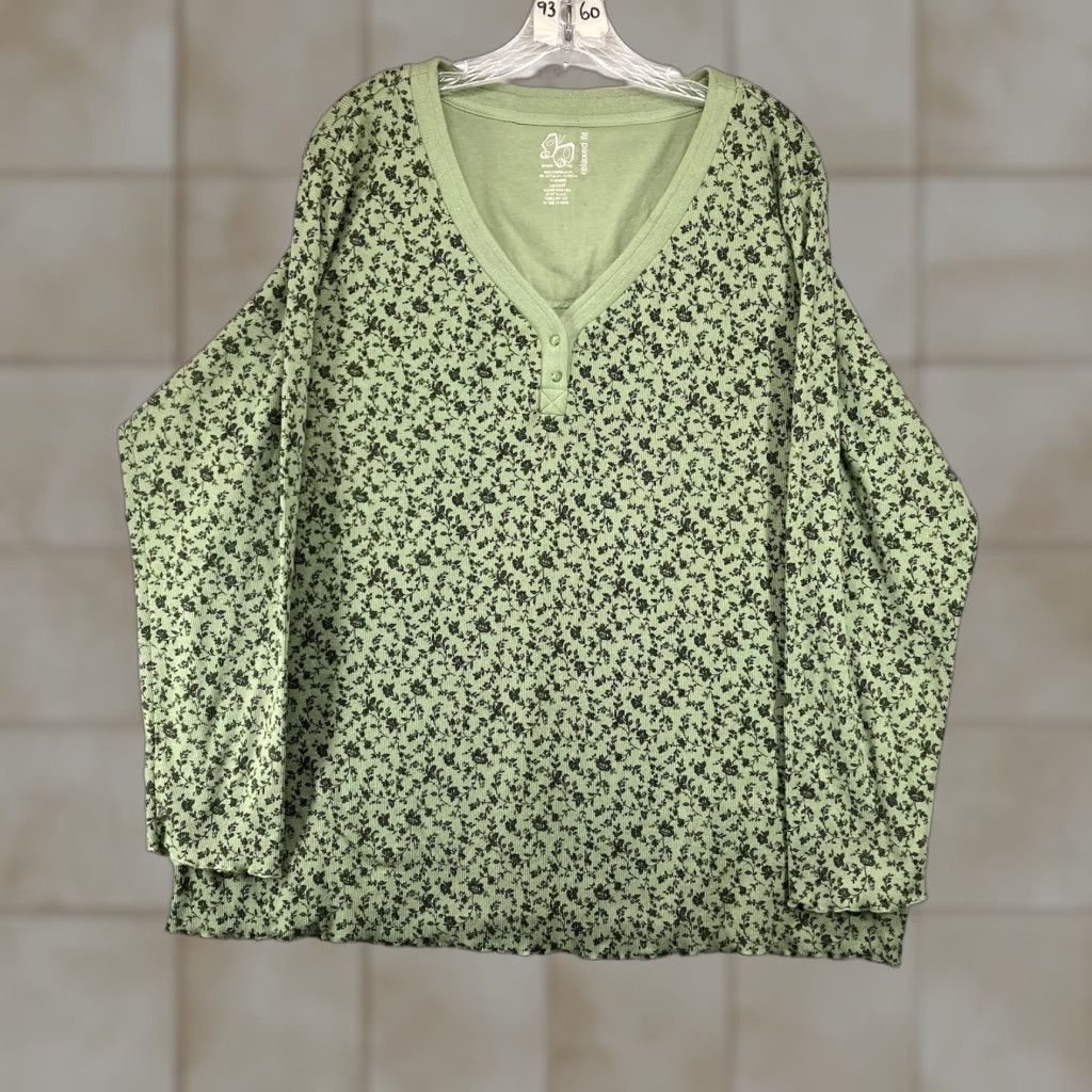 VIBE Women's Henley Top 22-24W Floral Print Relaxed Fit V-Neck Long Sleeve Pullover Button Knit Green 70s 80s Bohemian Fairy Classic Casual Womens Size 3XL / US 20-22 - 1 Thumbnail