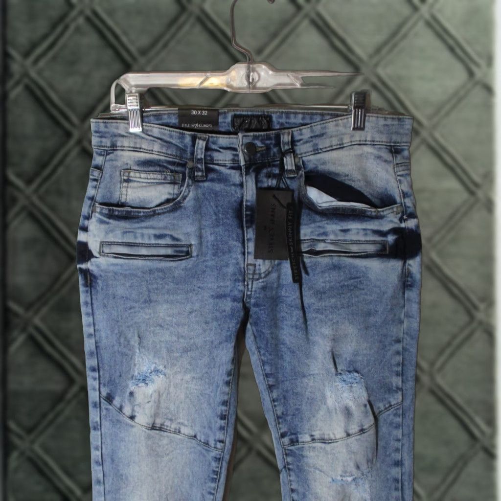 Denime Steve's Jeans Indyo Blue "Skinny Fit" Distressed Denim Jeans 30X32 NWT Mens Jeans Slim 5-Pocket Blue Distressed 30W 32L Size US 30 / EU 46 - 1 Thumbnail