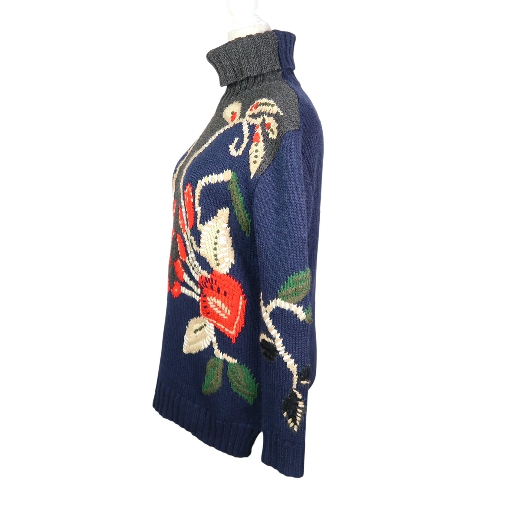 Olive VINTAGE Navy Blue Red Olive Green Floral Wool Blend Turtleneck Sweater Size M / US 6-8 / IT 42-44 - 3 Thumbnail