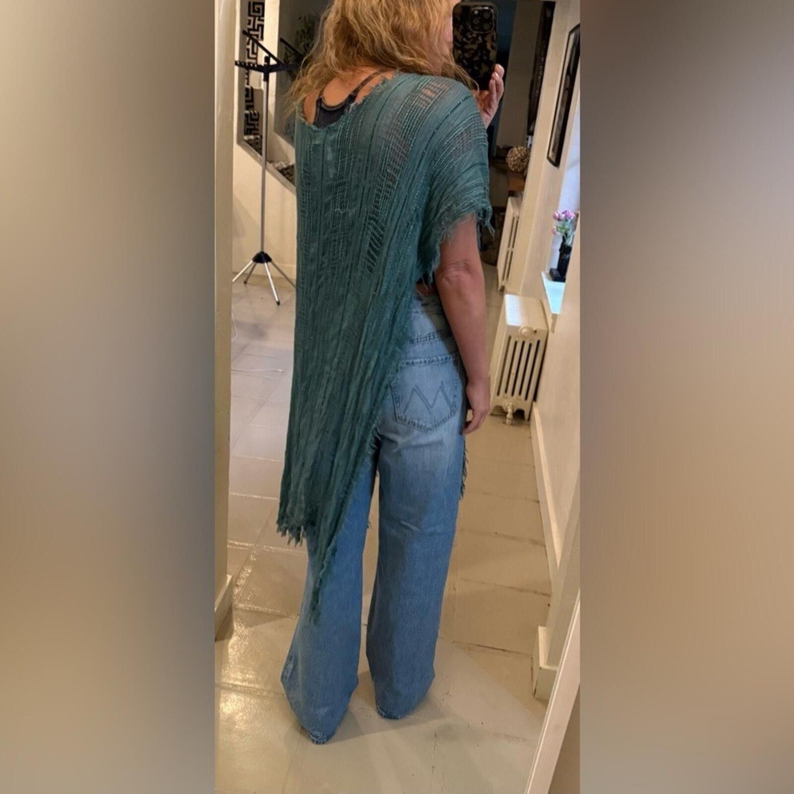 Free People Free People Teal Fringe Open Knit Poncho Cover Up OS Size ONE SIZE - 7 Thumbnail
