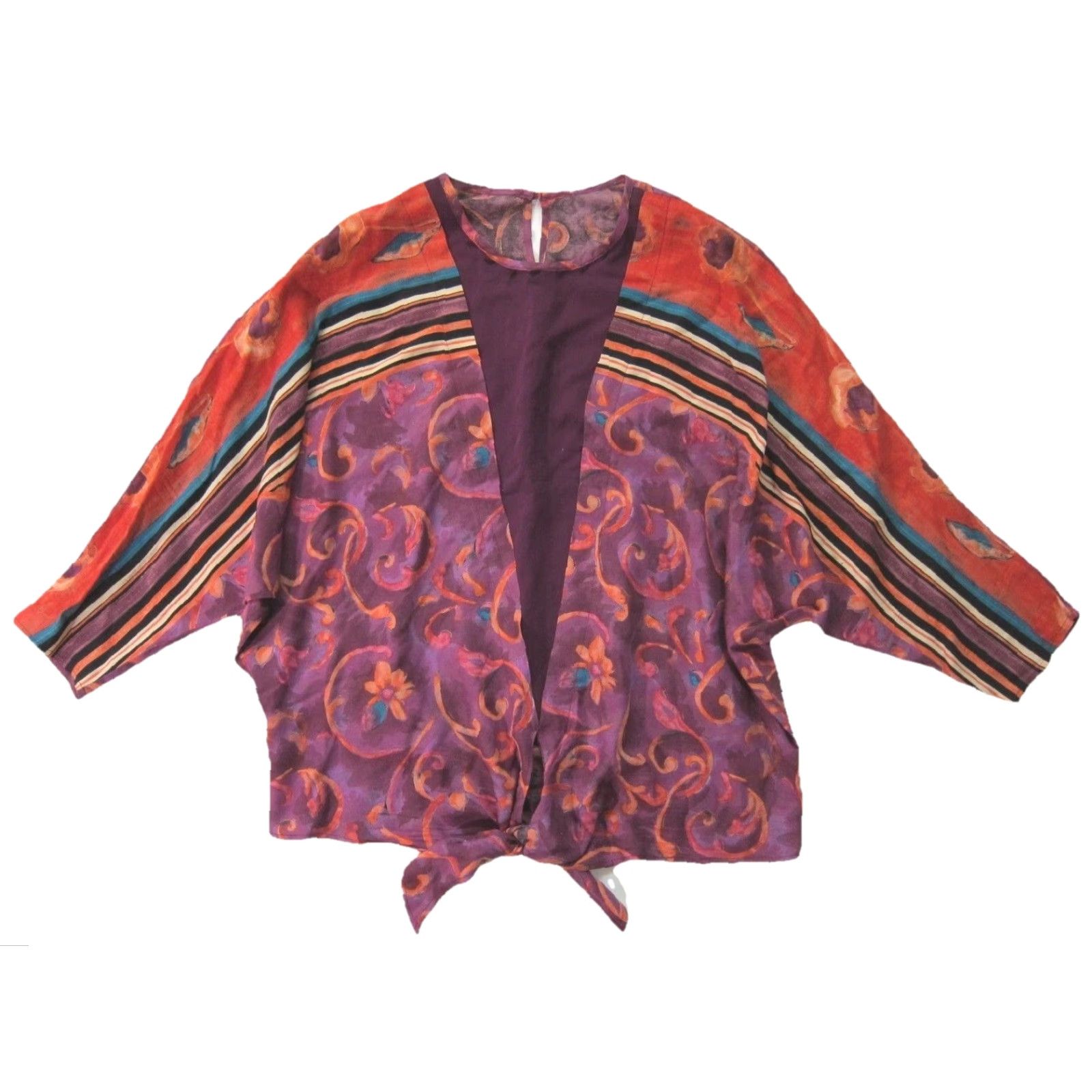 Vintage Solitaire Blouse Tunic Lagenlook Floral 100% Rayon Purple Orange 3/4 Sleeve Women Vintage L Size L / US 10 / IT 46 - 2 Thumbnail