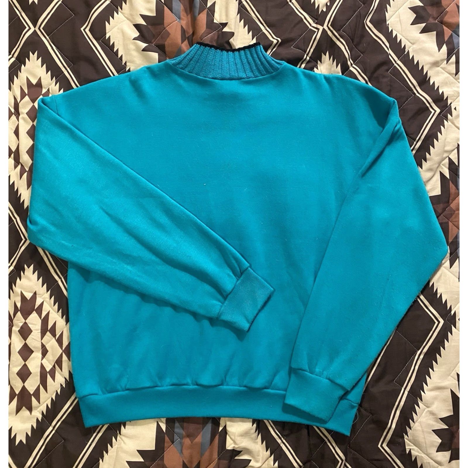 Vintage VINTAGE Heartland Women's Sweater Geometric Aztec Turquoise Raglan Sleeve Mock Neck L Regular Green Pullover 80s 90s Size L / US 10 / IT 46 - 2 Thumbnail