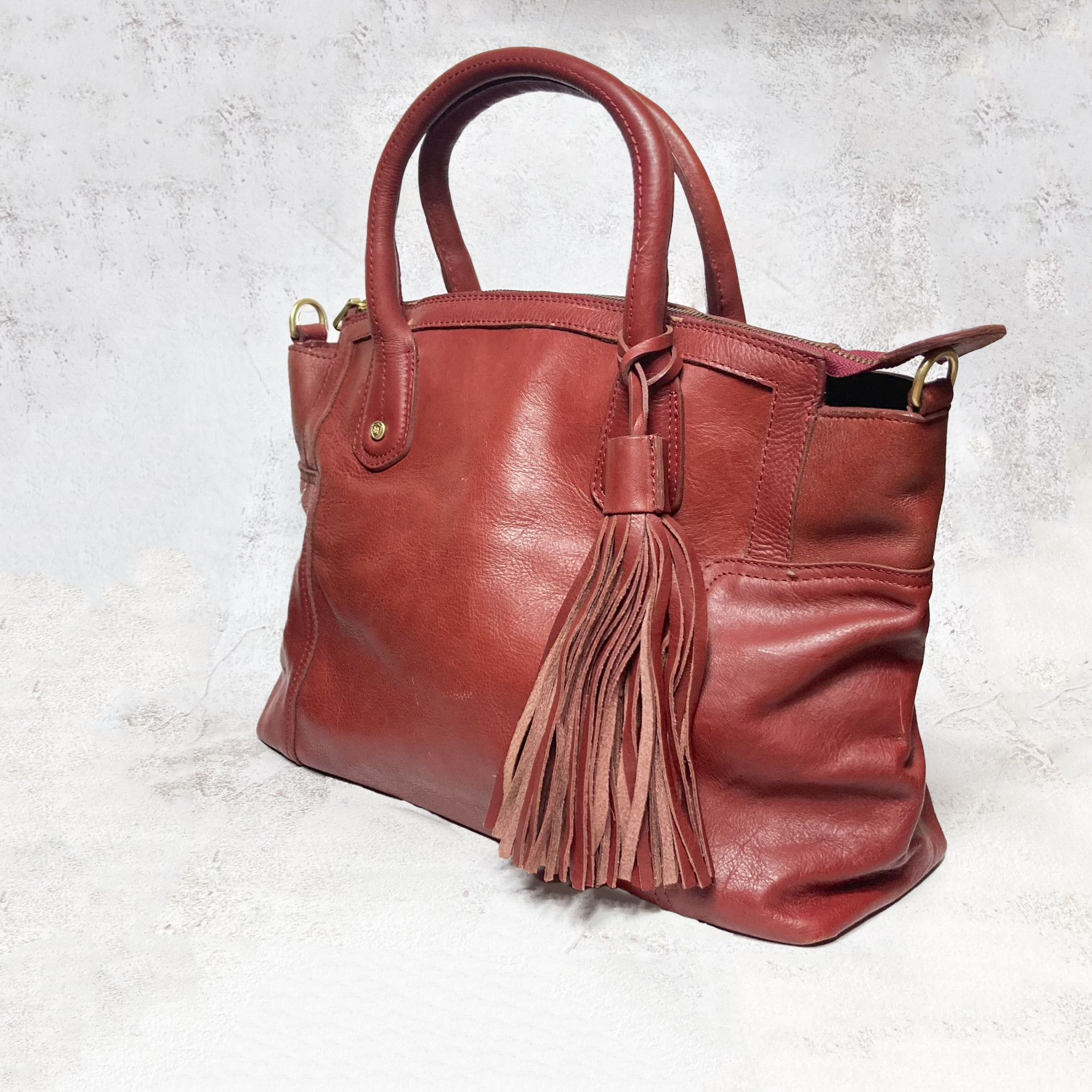 Massimo Dutti Burgundy Red leather tote bag