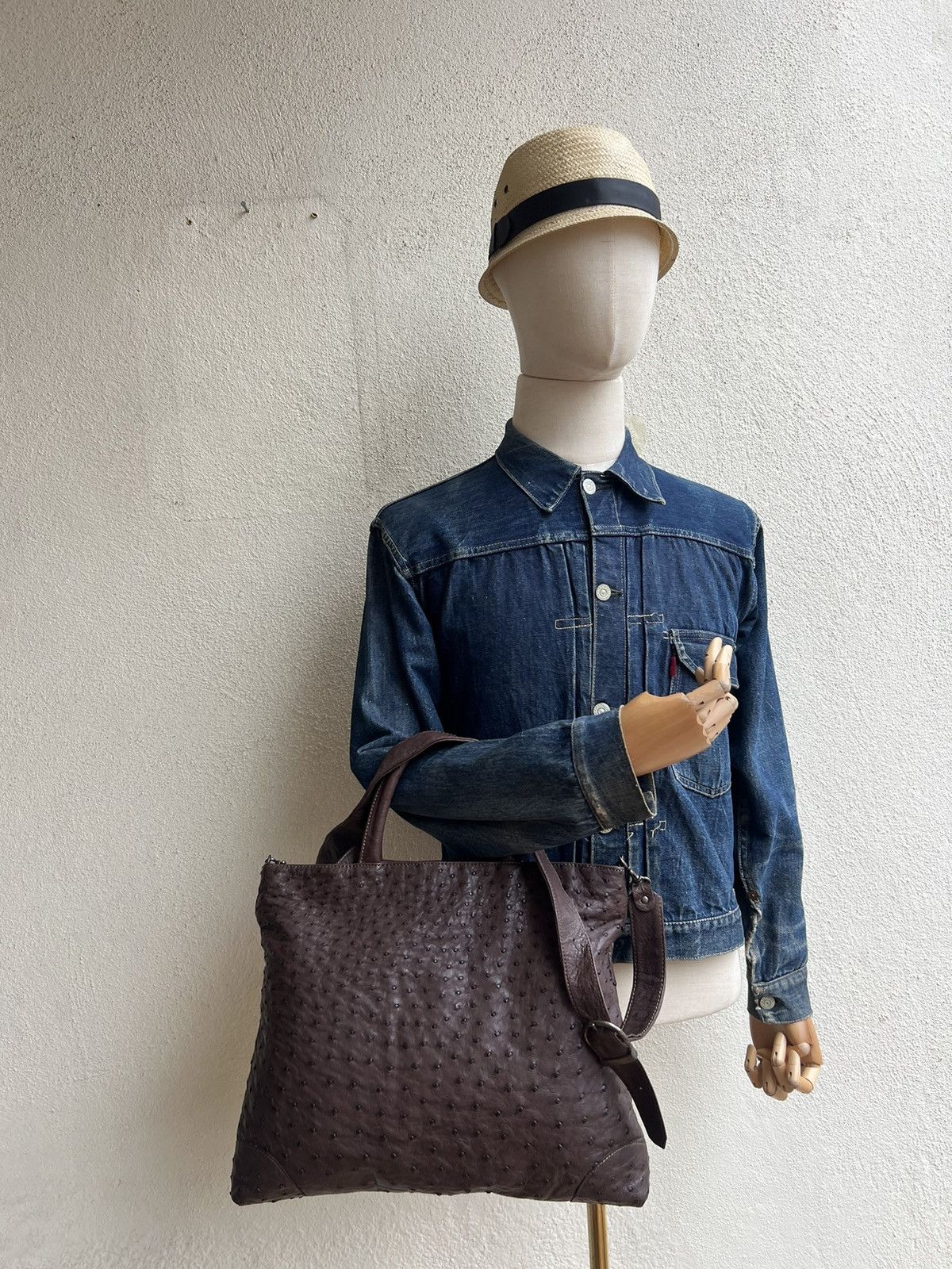 Leather Vintage Ostrich Leather 2 Way Bag AKI Leather Work Japan Size ONE SIZE - 8 Thumbnail