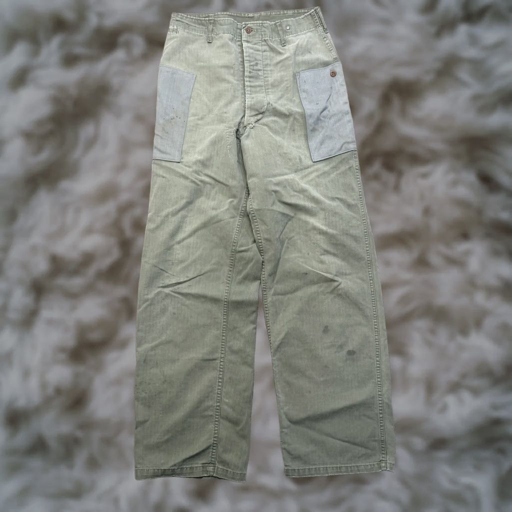 Vintage HBT Cotton Pants Men’s 30x30 Us Army Vintage 40s Military Modified Repaired Cargo Pants Green 30 Inseam 30 Size US 30 / EU 46 - 1 Thumbnail