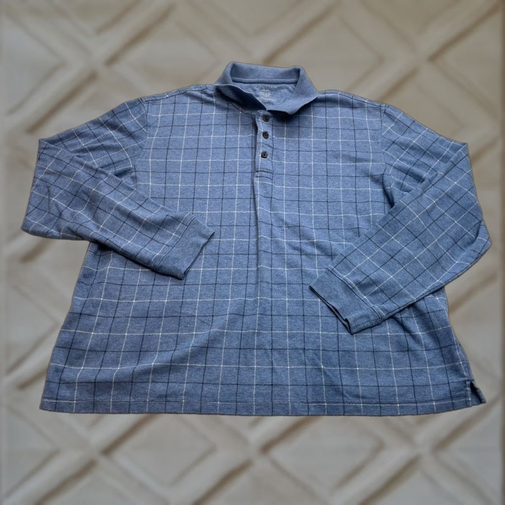 Vintage Puritan Polo Shirt Mens 2XL Blue Check Long Sleeve Polo Shirt Cotton Blend Size US XXL / EU 58 / 5 - 1 Thumbnail