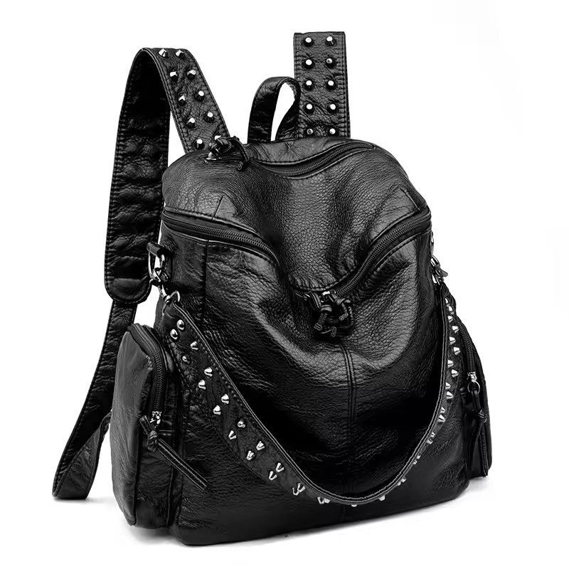 Japanese Brand Gothic Punk Soft PU Leather Black Backpack Size ONE SIZE - 9 Thumbnail