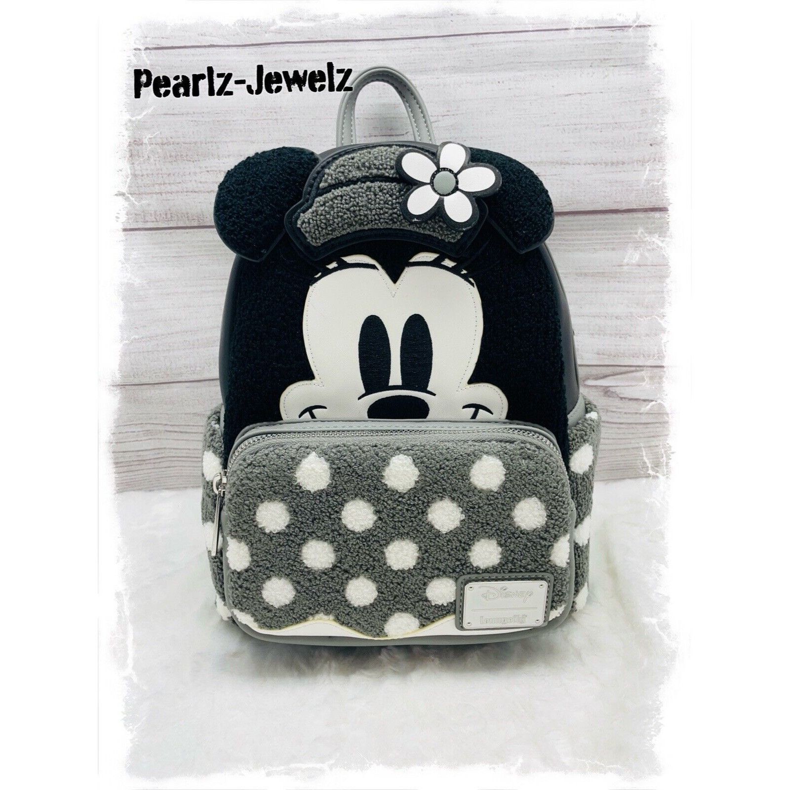 image of Disney Loungefly Minnie Mouse Vintage Black Gray Polka Backpack, Women's