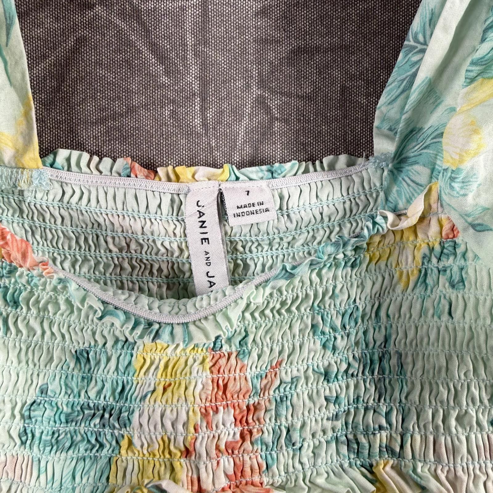 Other Janie and Jack Shirt Kid's 7Y Teal Hibiscus Smocked Green Size US XXS / EU 40 - 2 Thumbnail