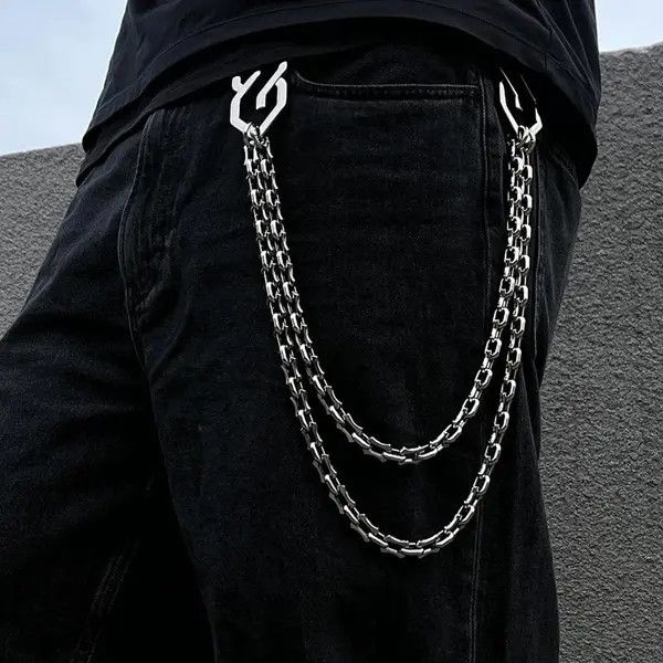 Jewelry Silver Double Chain Wallet Pants Accessory, Men's Chain Size ONE SIZE - 1 Thumbnail