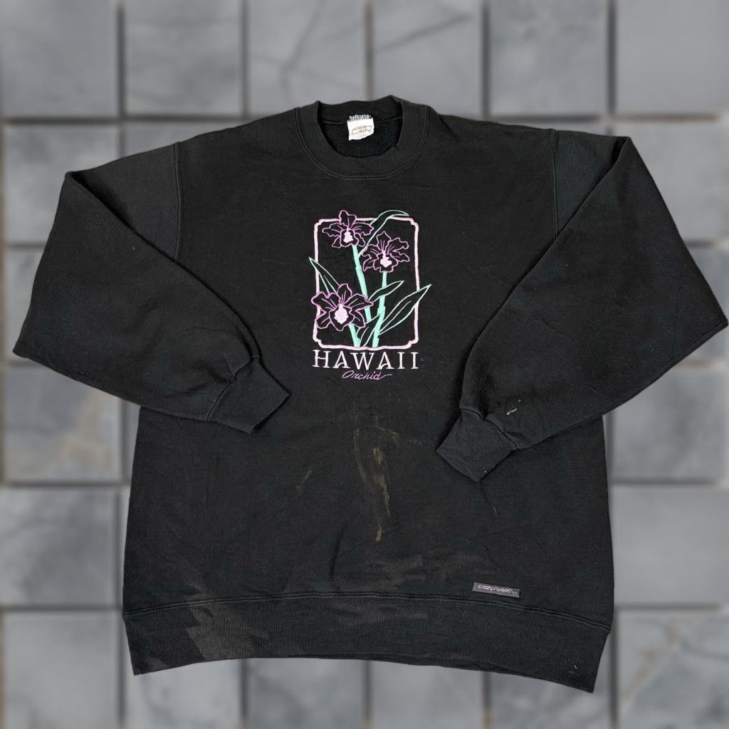 Vintage VINTAGE Crazy Shirts Hawaii Sweatshirt Mens L Black Embroidered Distressed Faded Orchid 80s 90s USA Beach Pullover Crew Neck Shirt Men L Black Size US L / EU 52-54 / 3 - 1 Thumbnail