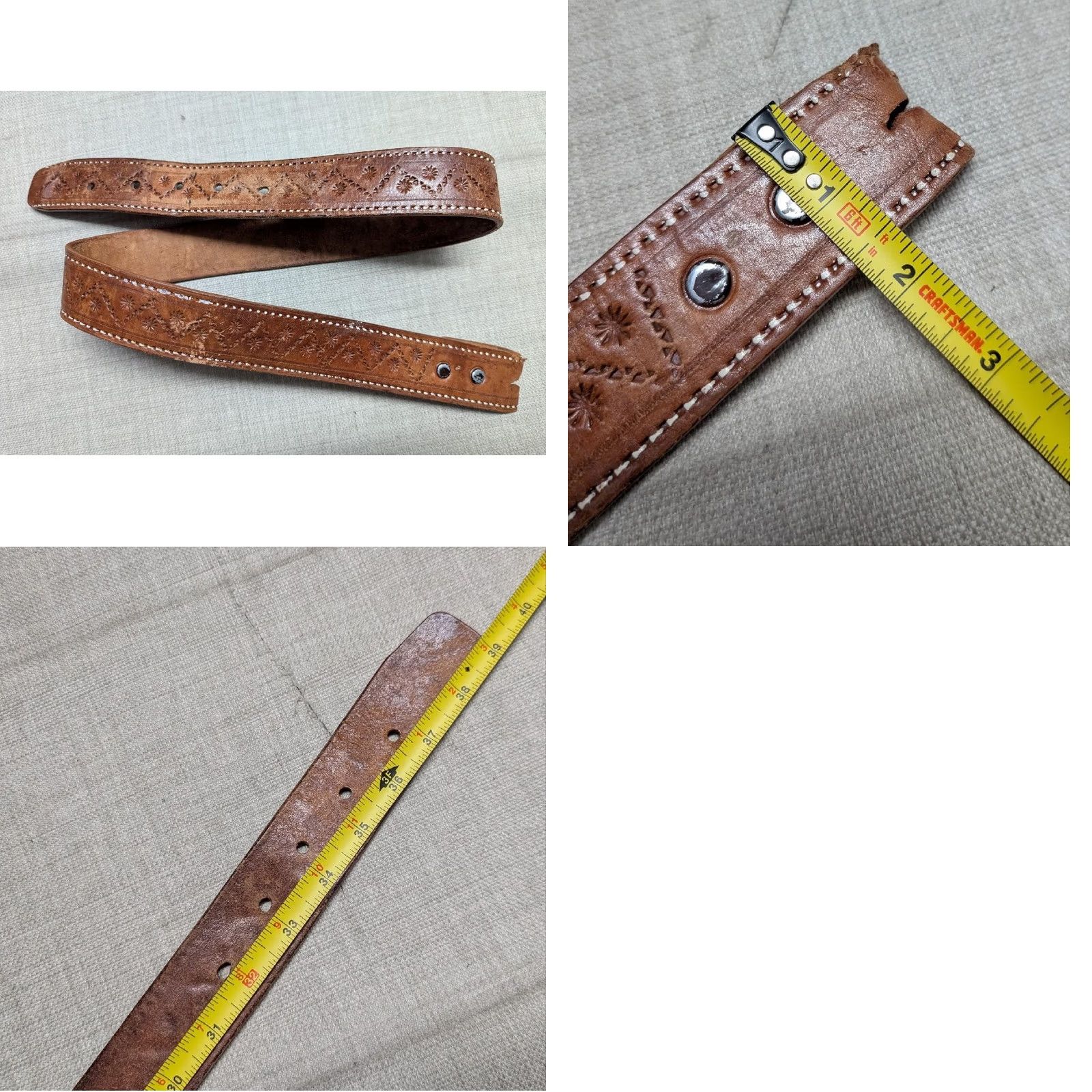 Vintage VINTAGE HANDCRAFTED buckle belt TOOLED cowhide 34 brown leather GEOMETRIC boho Mens Size 34 - 8 Thumbnail