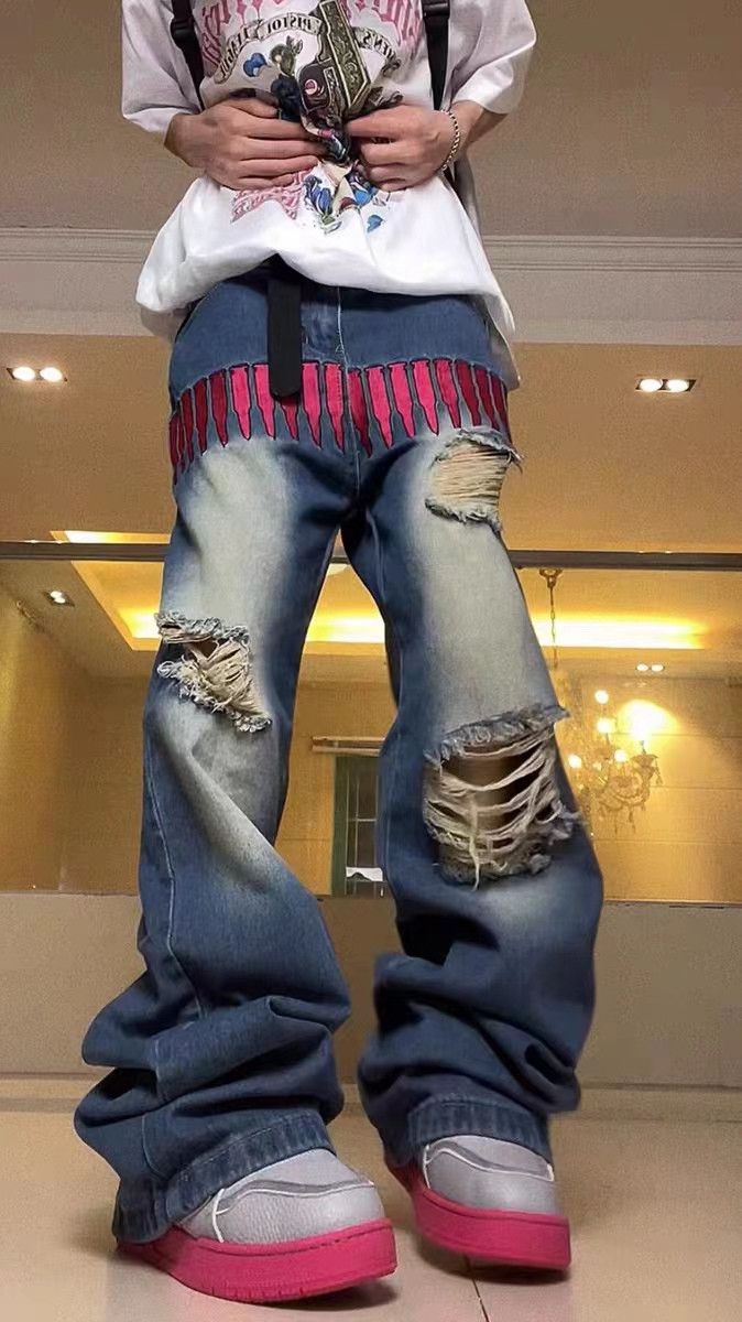 Japanese Brand × Jean Retro high street design embroidered ripped jeans Size US 34 / EU 50 - 4 Thumbnail