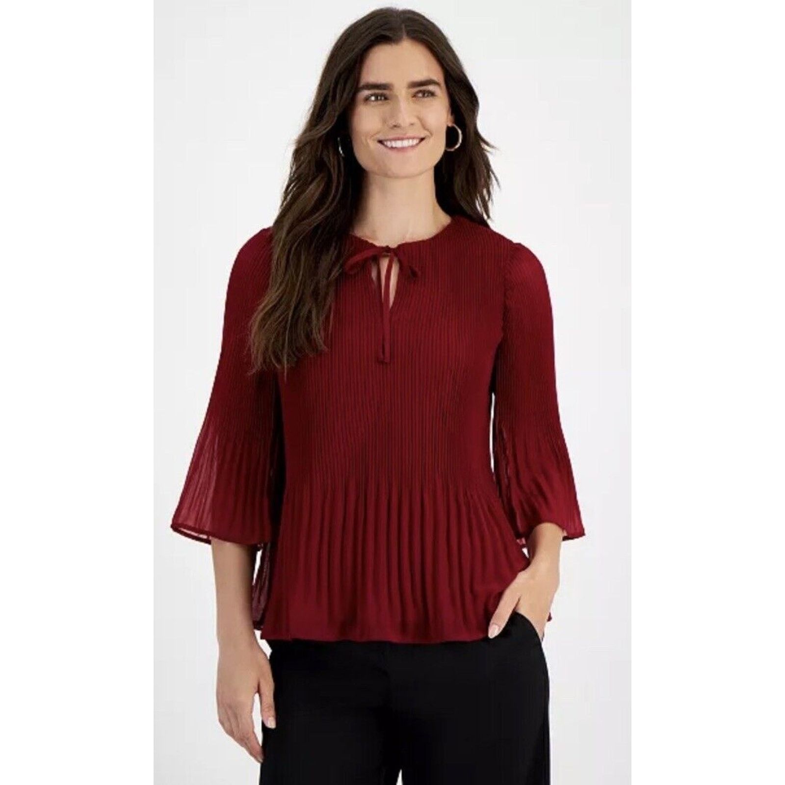 Other JM Collection Burgundy Chiffon Pleated Tunic 3/4 Bell Sleev Size XS / US 0-2 / IT 36-38 - 1 Thumbnail
