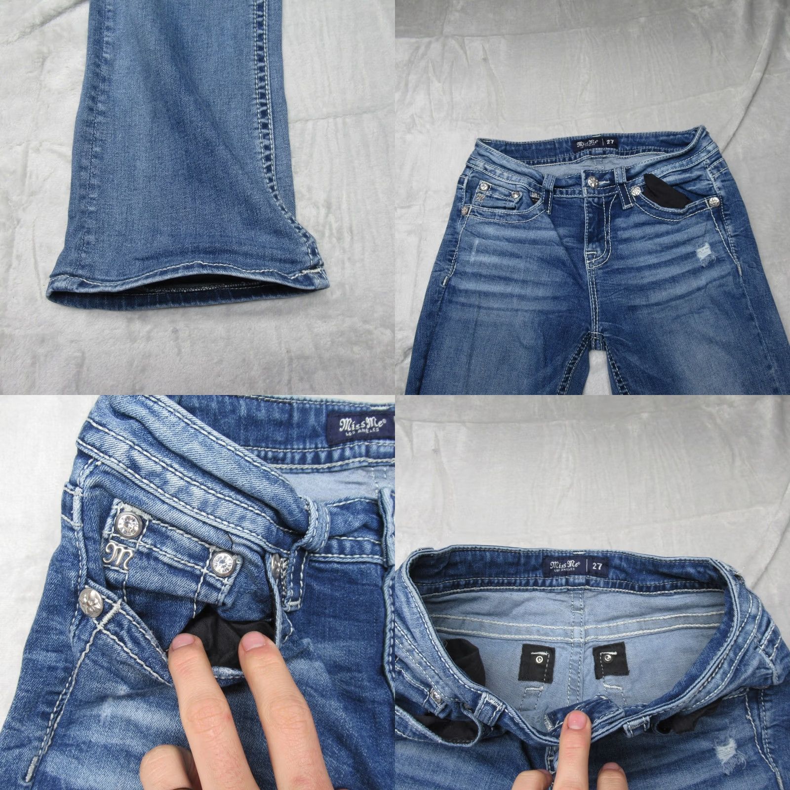 Miss Me VINTAGE Miss Me Jeans Womens Bootcut Denim 27x28 Blue Mid Rise Embroidered Rhinestone Logo Distressed 5-Pocket Mens Womens Girls Size 27" / US 4 / IT 40 - 8 Thumbnail