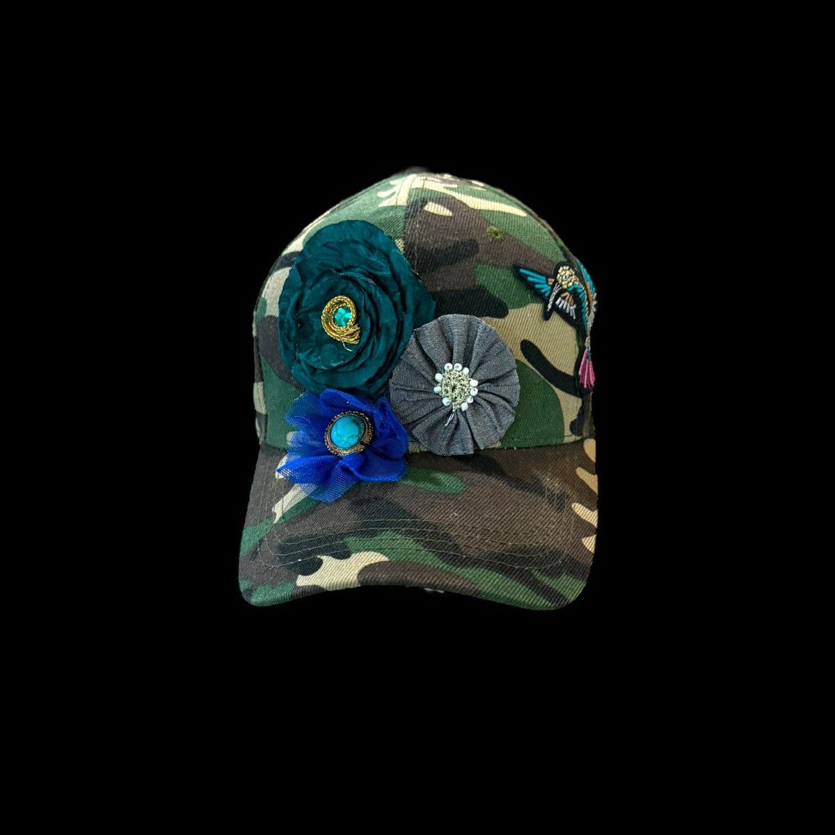 Other Custom/cap embellished with flowers and hummingbird. Size ONE SIZE - 6 Thumbnail