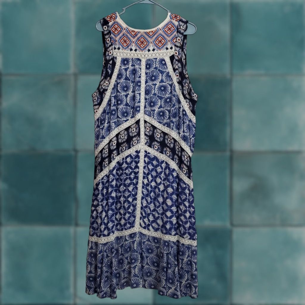 Chelsea & Theodore Dress Women XL Blue Print Sleeveless Midi Embroidered  Boho