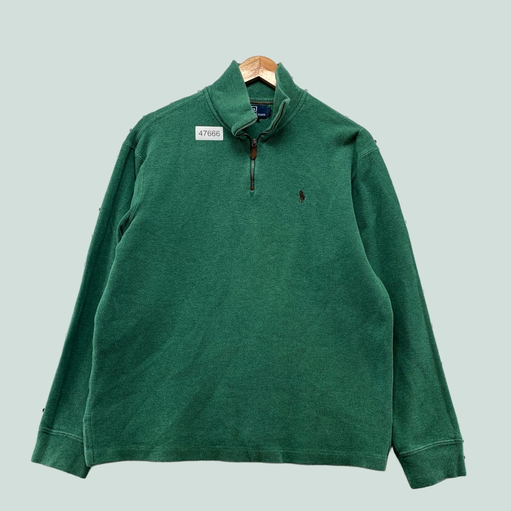 Polo Ralph Lauren Polo Ralph Lauren Sweater Mens M Green 1/4 Zip Leather Tab Full Zip Mock Neck Casual Knit Sweatshirt Size US M / EU 48-50 / 2 - 1 Thumbnail