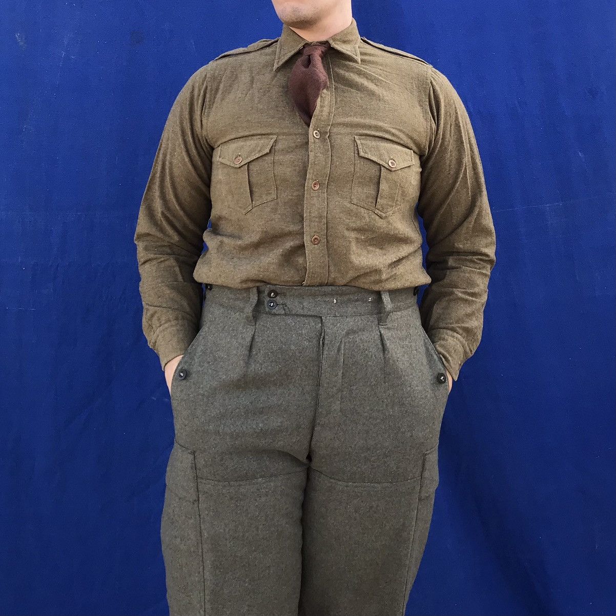 image of Antique x Deadstock Wool British Army Officer Khaki Button Up, Long Tail Shirt, Men's (Size Medium)