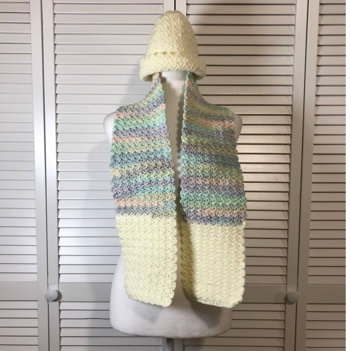 Handmade NWT Handmade Crocheted Cream Multicolor Beanie & Scarf 50” Size ONE SIZE - 1 Thumbnail
