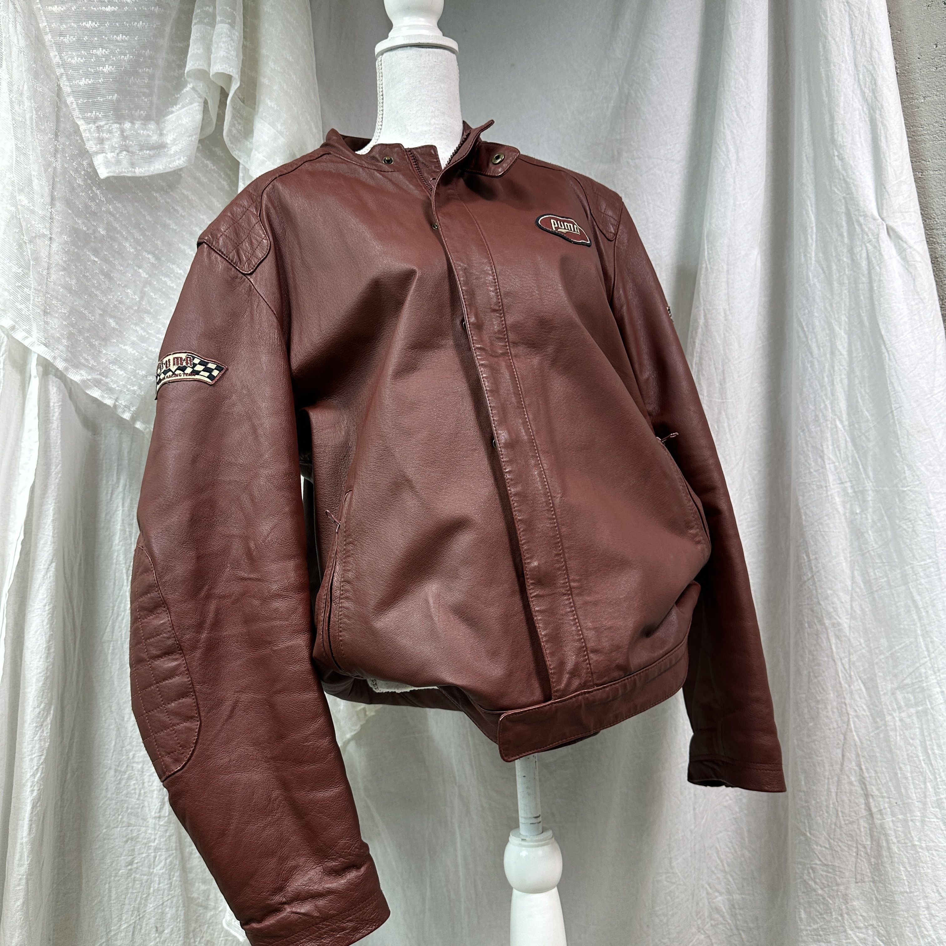 Puma Vintage Leather Biker Moto Burgundy Puma Racing Jacket 00s Size US XL / EU 56 / 4 - 4 Thumbnail