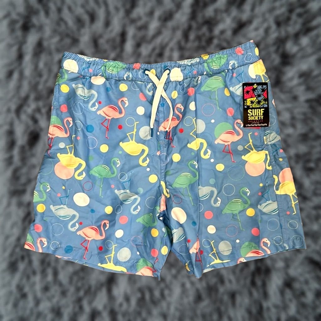 Vintage Surf Society Flamingo Swim Trunks - L Men Bottom Blue Regular NWT Size US 33 - 1 Thumbnail