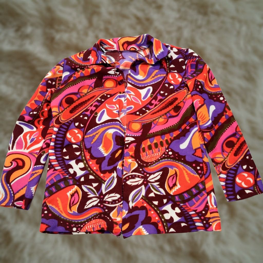 Vintage VINTAGE Jersey Dor Open Front Shirt Womens Floral Orange Purple Sz 44 Jacket Size M / US 6-8 / IT 42-44 - 1 Thumbnail