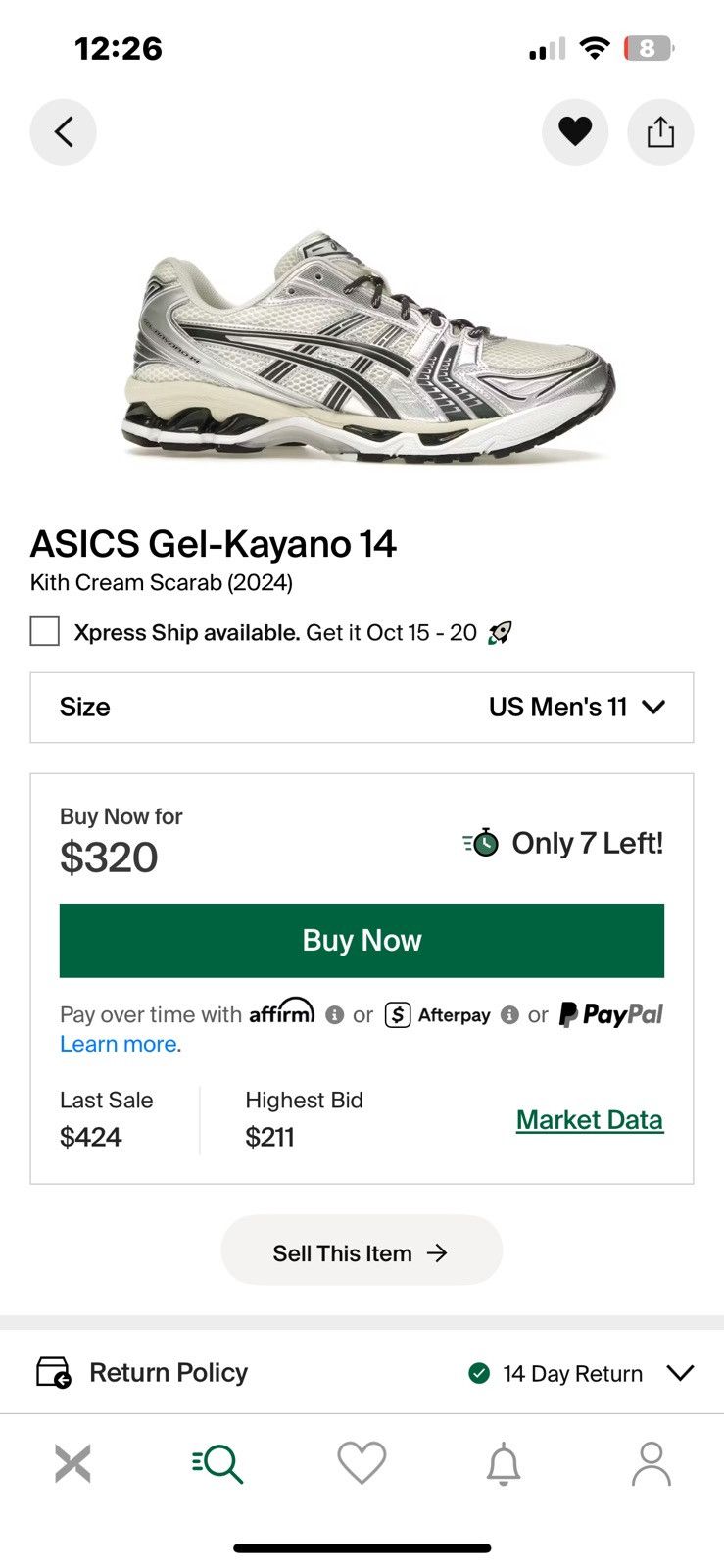 Asics × Kith Kith Asics Gel-Kayano 14 Cream/Scarab Size US 11 / EU 44 - 9 Thumbnail