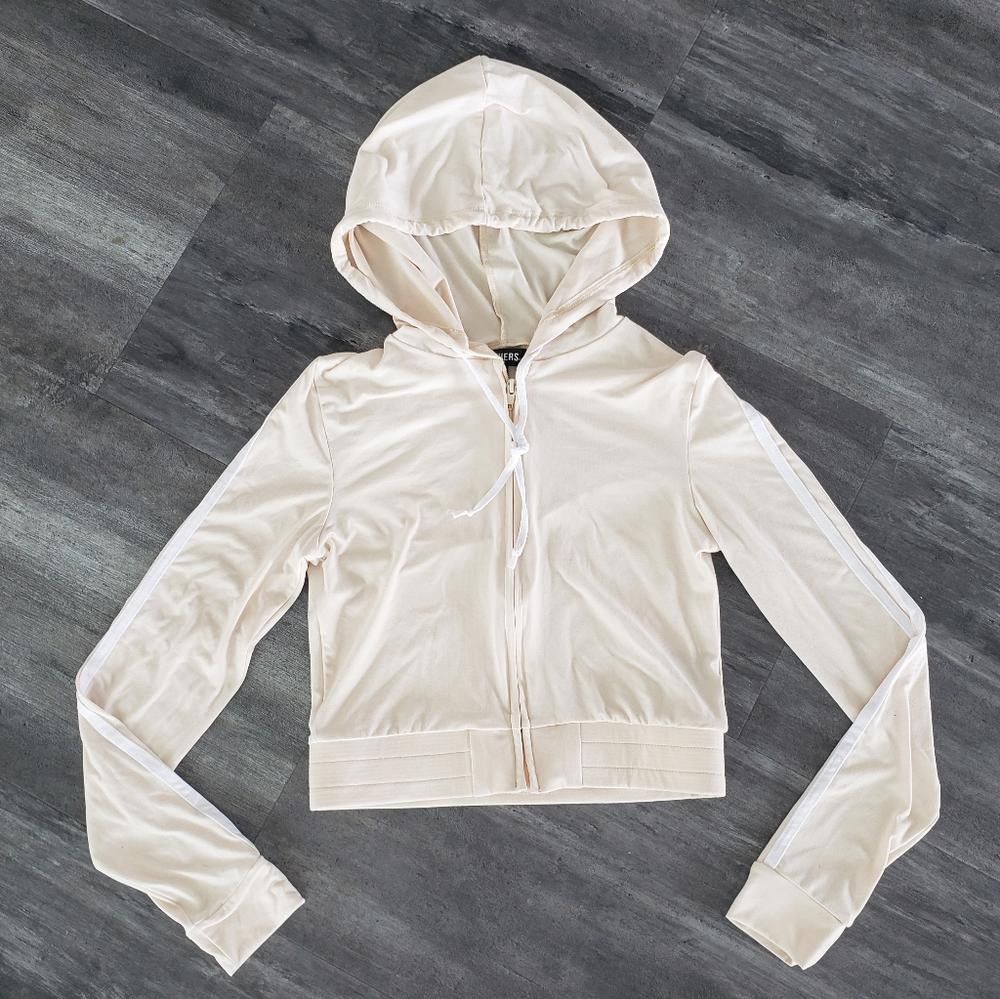 Designer Beige White Striped Feathers Sweat Suit Zip Up Size 28" / US 6 / IT 42 - 1 Thumbnail