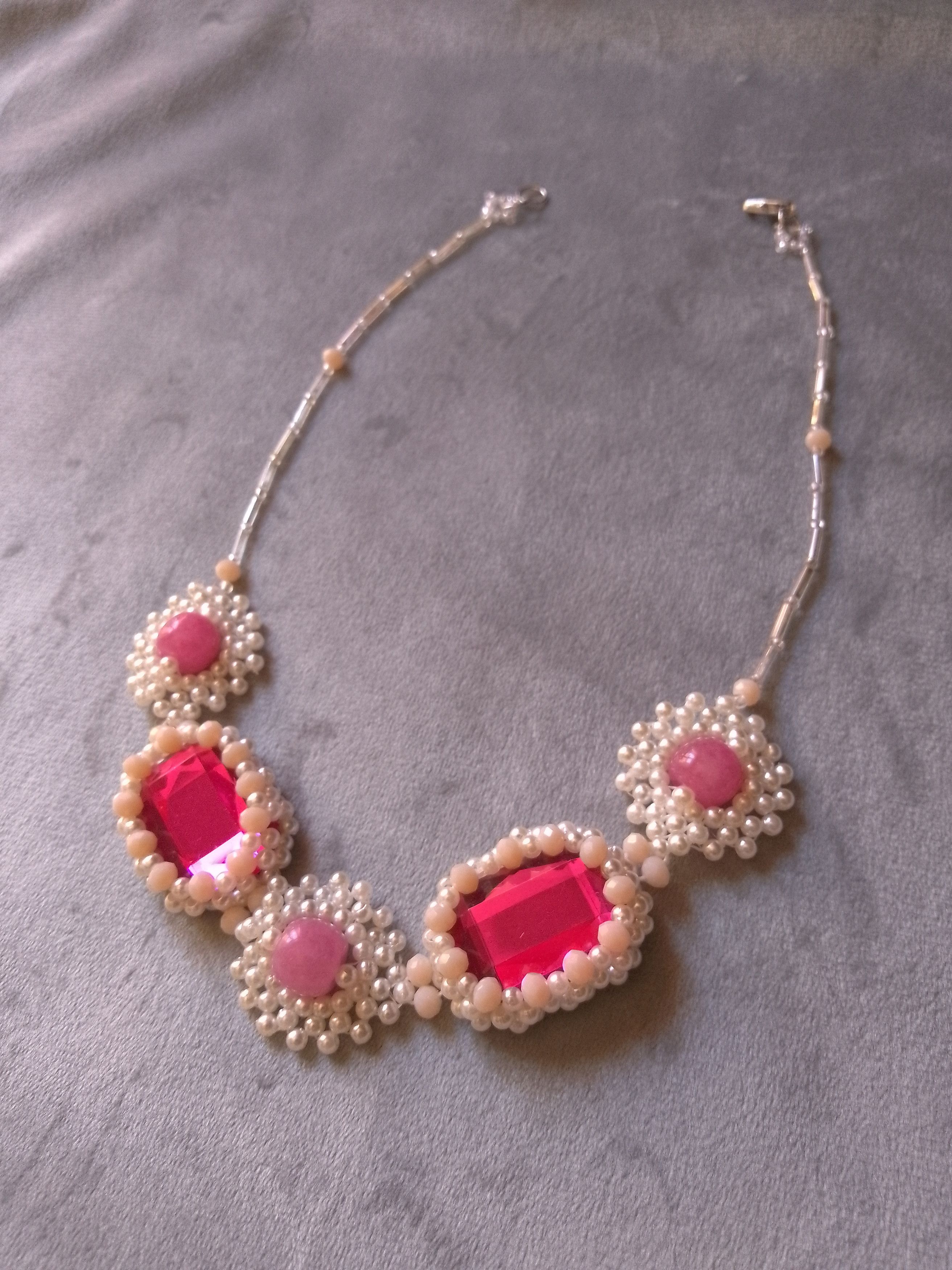 Handmade Beaded necklace pink Zircons & natural jade gemstones Size ONE SIZE - 5 Thumbnail