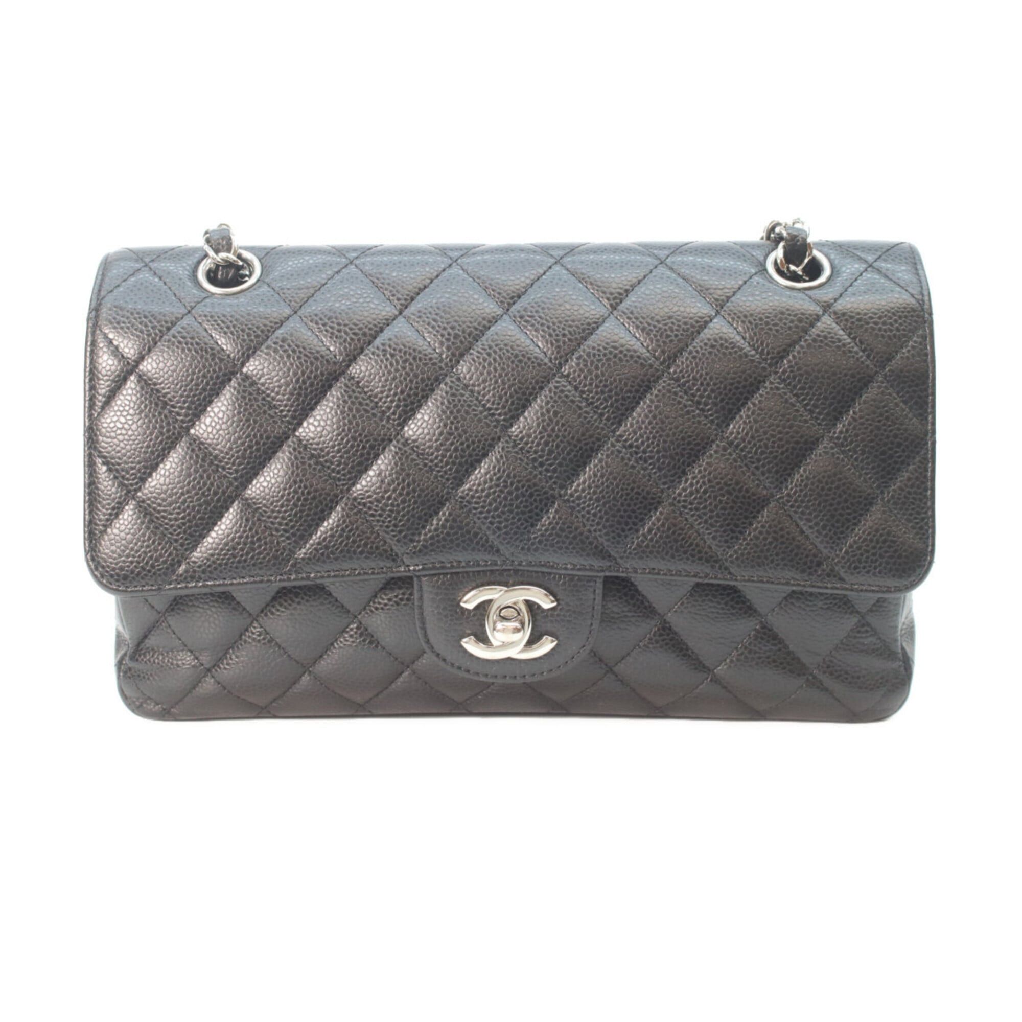 Chanel CHANEL A01112 Caviar Double Flap Matelassé 25 Shoulder Bag, Black with Silver Hardware, Women's Size ONE SIZE - 1 Thumbnail