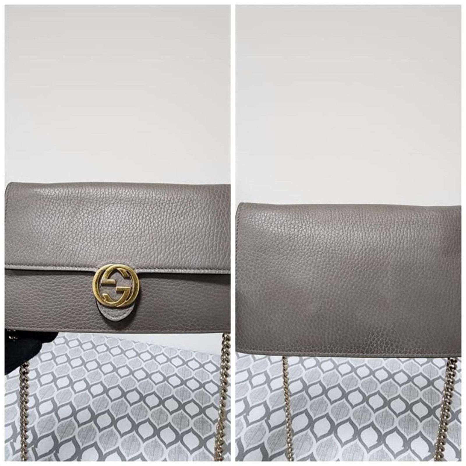 Gucci GUCCI Leather Interlocking G Dollar Flap Walet On Chain Grey Size ONE SIZE - 9 Thumbnail