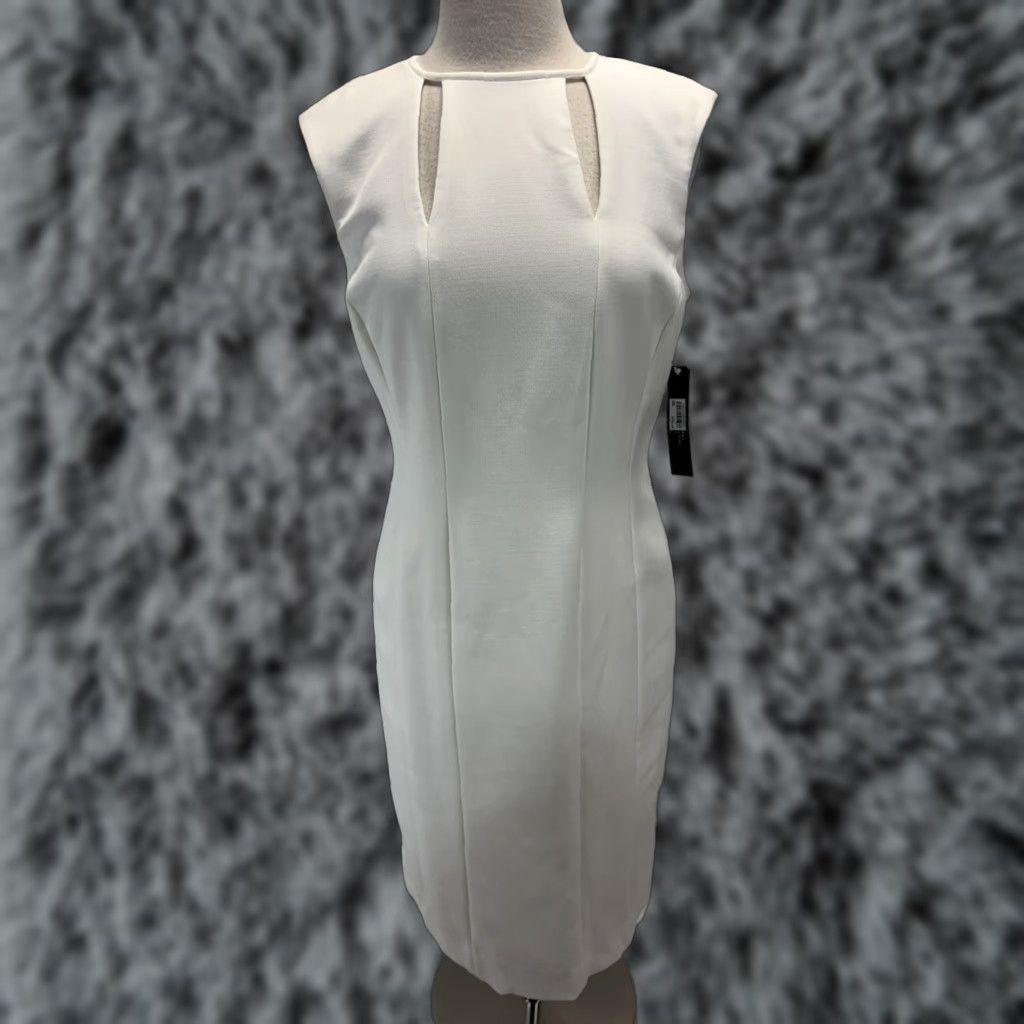 Vintage Tahari Sheath Dress Sz 8 Winter White Cutouts Career Stretch Pencil Dress Sleeveless Zip Knee Length Womens Party Business Vintage No Size M / US 6-8 / IT 42-44 - 1 Thumbnail