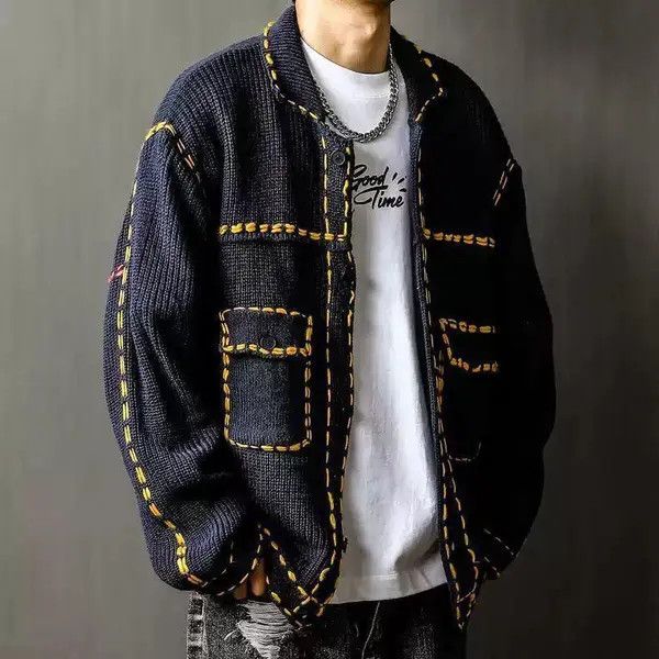 Vintage Contrast Stitch Knitted Sweater Jacket - Patch Pockets Size US M / EU 48-50 / 2 - 7 Thumbnail