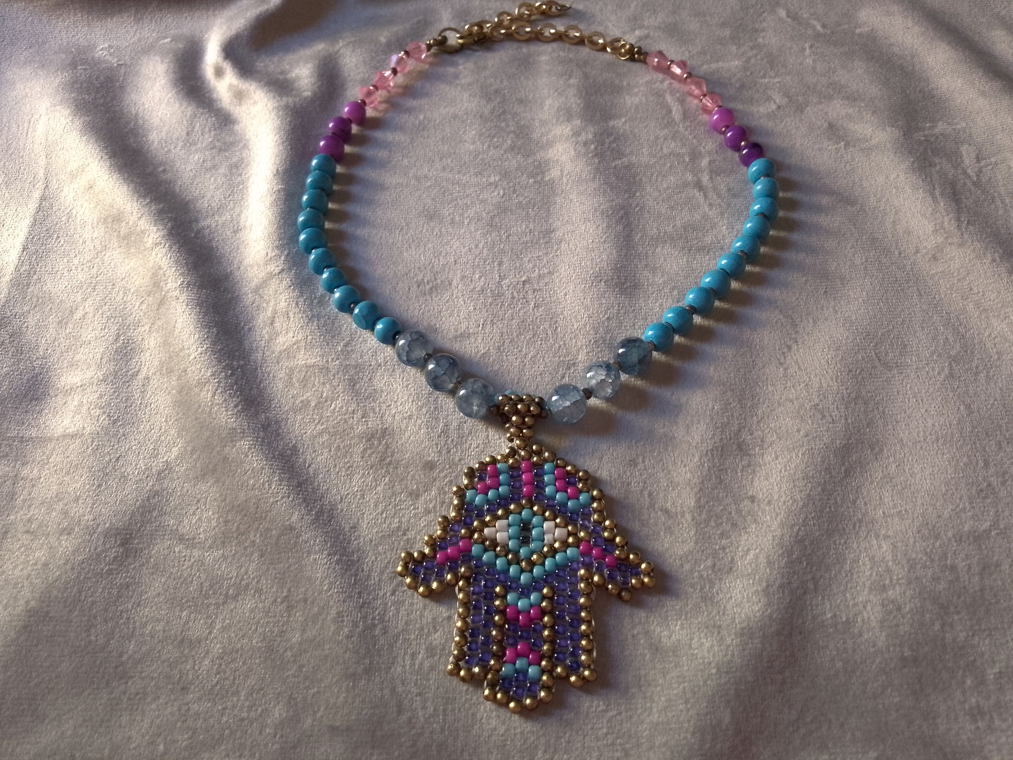 Handmade Necklace Blue Agate + Resin Hand of Fatima Lucky Charm Size ONE SIZE - 1 Thumbnail