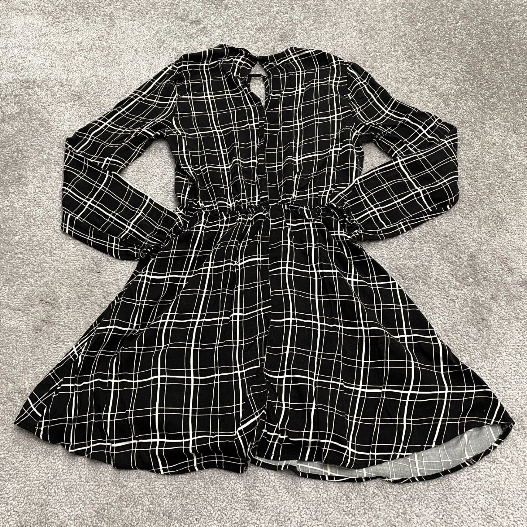 AQUA Aqua A-Line Dress Womens S Black White Plaid Long Sleeve Knit Rayon Spandex Elastic Waist Knee Length Vintage No Size S / US 4 / IT 40 - 2 Thumbnail