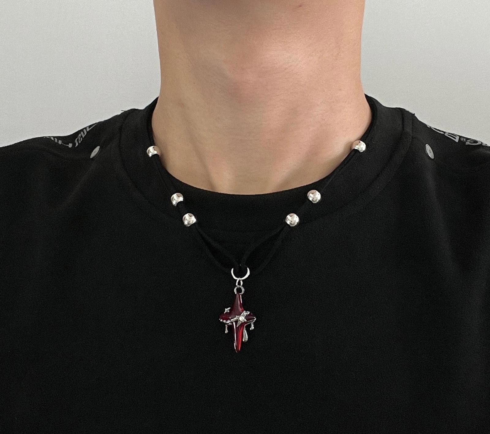 Jewelry Gothic Red Cross Pendant Necklace in Silver, Men's