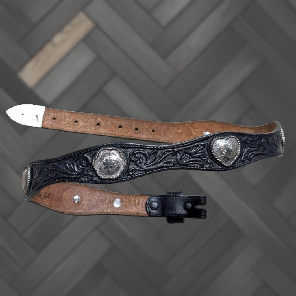 Tony Lama VINTAGE Tony Lama Western Belt Unisex Adults 30 Leather Tooled Concho Hearts Southwestern Black Belt 1-3/8" USA Made Size 30 - 1 Thumbnail