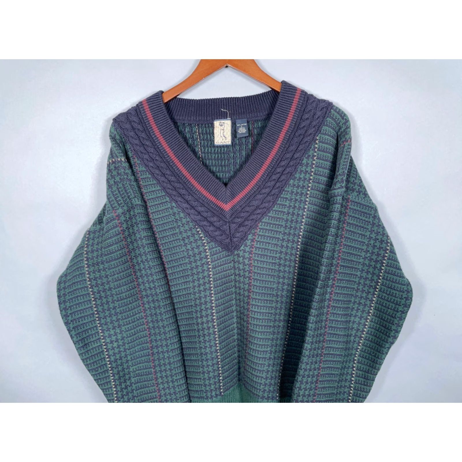Gant GANT 90s Cotton Tennis V-Neck Sweater Mens Large Green Blue Houndstooth Check Knit Pullover Vintage Size US L / EU 52-54 / 3 - 4 Thumbnail