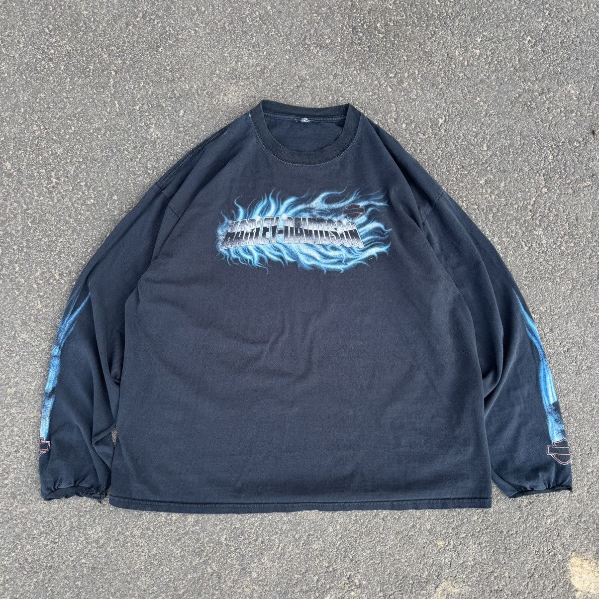 Harley Davidson 2007 Harley Davidson Washed Thrashed Longsleeve Flames Vtg Size US XL / EU 56 / 4 - 15 Thumbnail