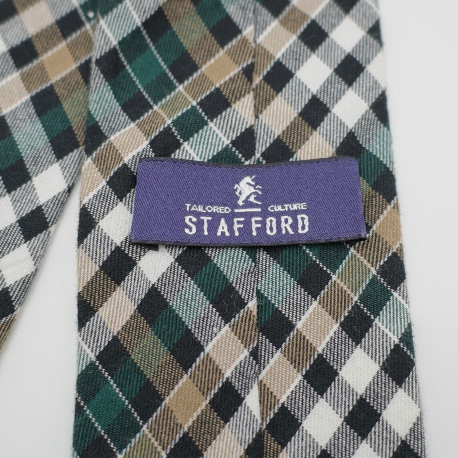 Stafford Stafford Green Tan Plaid Cotton Blend Tie Size ONE SIZE - 3 Thumbnail